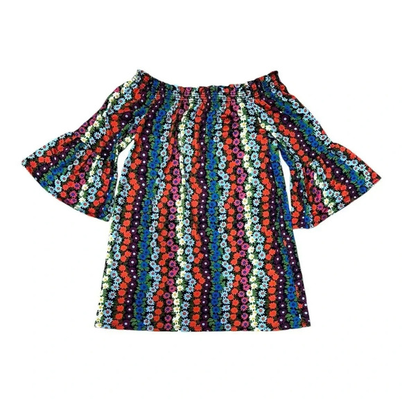 Trina Turk Colorful Floral Smocked Off Shoulder Bell Sleeve Mini Dress S - Picture 2 of 5